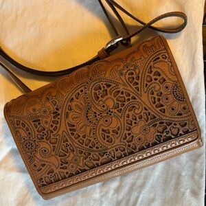 Brighton Tooled Leather Crossbody in Warm Tan with Floral Paisley Motif